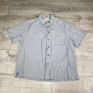 Ocean Pacific Shirt‎ Mens Large Gray Embroidered Hibiscus Floral Button Up Camp